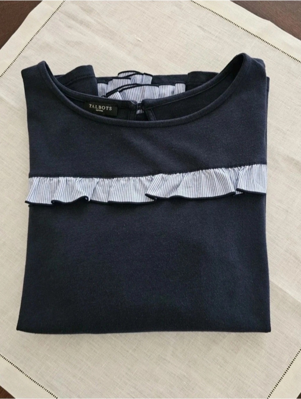 Adorable Talbots Petite Women's Long Sleeve Navy Blue Top w/ Ruffle Accent Sz SP